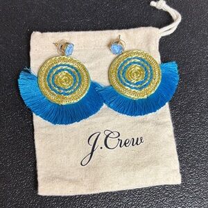 J. Crew Gold and Blue Circular Fringe Dangle Stud Statement Earrings